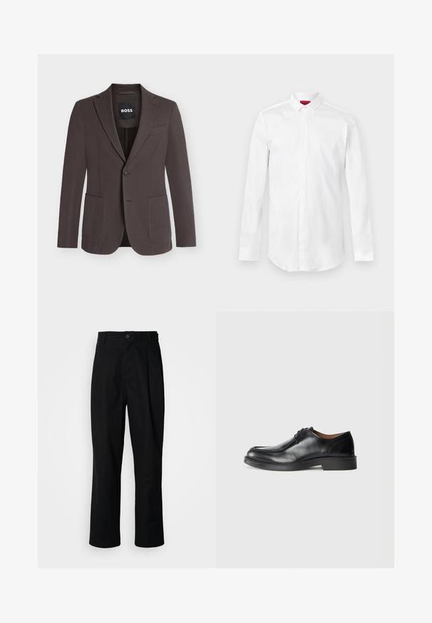 Blazer marron foncé à simple boutonnage avec revers crantés, deux poches plaquées devant, une poche poitrine et fermeture à boutons, étiquette BOSS à l'intérieur du col.; Chemise blanche à manches longues avec col pointu et patte de boutonnage cachée, présentée sur un fond clair uni.; Pantalons noirs à jambes droites avec une taille à bouton, passants de ceinture et pli avant, présentés sur un fond blanc uni.; Chaussure de ville en cuir noir avec un bout arrondi, surface lisse, détails en dentelle et une semelle en caoutchouc texturée basse. Lignes épurées et design minimal.