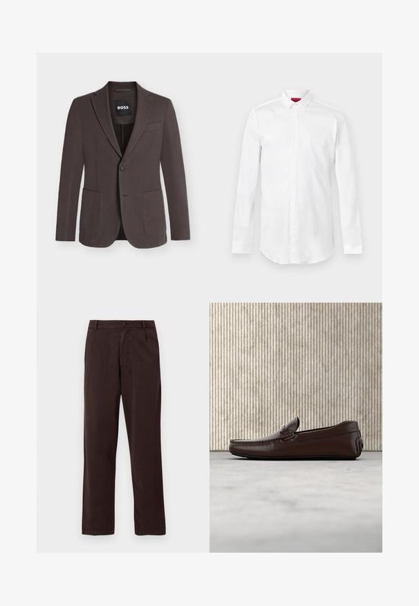 Blazer marron foncé à simple boutonnage avec revers crantés, deux poches plaquées devant, une poche poitrine et fermeture à boutons, étiquette BOSS à l'intérieur du col.; Chemise blanche à manches longues avec col pointu et patte de boutonnage cachée, présentée sur un fond clair uni.; Pantalon droit marron foncé avec fermeture par bouton et zip, passants de ceinture et poches latérales, présenté sur un fond blanc.; Mocassins en cuir marron avec une finition lisse, des coutures de style mocassin, un bout rehaussé et une semelle en caoutchouc basse et flexible.