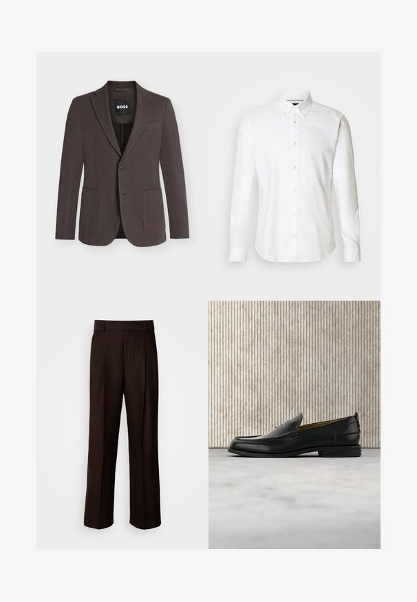Blazer marron foncé à simple boutonnage avec revers crantés, deux poches plaquées devant, une poche poitrine et fermeture à boutons, étiquette BOSS à l'intérieur du col.; Chemise blanche à manches longues avec un col boutonné, en tissu lisse, ornée d'un logo subtil sur la poitrine et dotée d'une fermeture à boutons.; Pantalons marron ajustés avec une coupe droite, présentant un pli avant, une texture lisse et une taille classique. Adaptés pour les occasions formelles.; Mocassin pour homme en cuir noir avec un dessus embossé effet croco et un petit talon, présenté de profil sur un fond neutre.