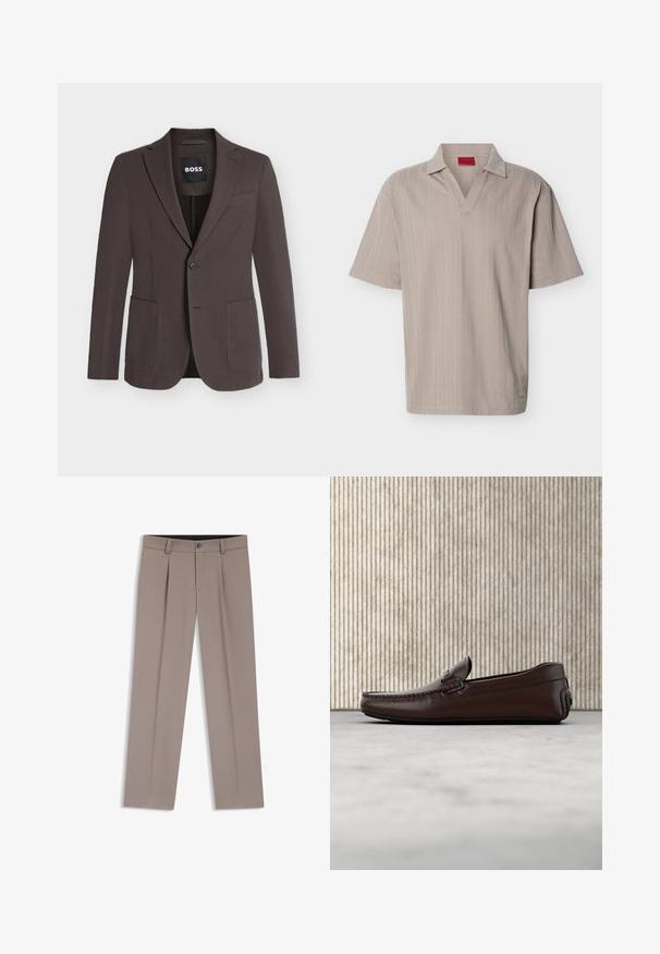 Blazer marron foncé à simple boutonnage avec revers crantés, deux poches plaquées devant, une poche poitrine et fermeture à boutons, étiquette BOSS à l'intérieur du col.; Polo en maille beige à manches courtes avec un motif rayé vertical texturé et un col en V ouvert.; Pantalon homme sur mesure de couleur marron clair avec passants de ceinture, plis, bouton à l'avant et braguette zippée, posé à plat sur un fond blanc.; Mocassins en cuir marron avec une finition lisse, des coutures de style mocassin, un bout rehaussé et une semelle en caoutchouc basse et flexible.