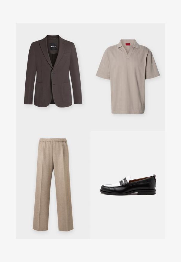 Blazer marron foncé à simple boutonnage avec revers crantés, deux poches plaquées devant, une poche poitrine et fermeture à boutons, étiquette BOSS à l'intérieur du col.; Polo en maille beige à manches courtes avec un motif rayé vertical texturé et un col en V ouvert.; Pantalon beige à jambe droite avec taille élastique et plis marqués sur le devant de chaque jambe.; Mocassin en cuir noir et blanc avec des détails cousus, un petit talon et un design slip-on, présenté de profil sur un fond uni.