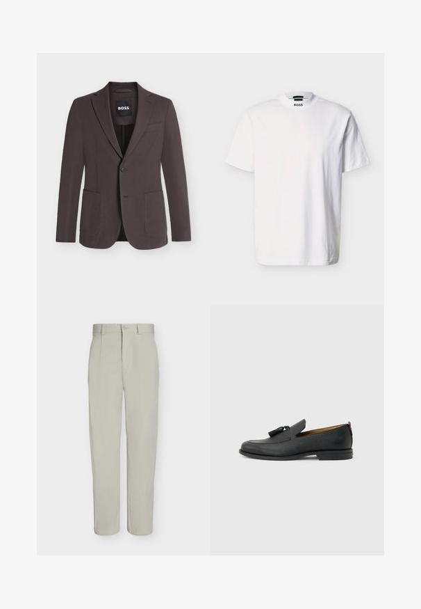 Blazer marron foncé à simple boutonnage avec revers crantés, deux poches plaquées devant, une poche poitrine et fermeture à boutons, étiquette BOSS à l'intérieur du col.; T-shirt blanc à manches courtes en coton, avec un col rond et un logo de la marque imprimé au niveau du col. Texture lisse, design basique.; Pantalon beige clair à jambe droite, fermeture à bouton, passants de ceinture et plis sur le devant, présenté sur un fond blanc uni.; Mocassin pour homme en cuir noir avec pompons, bout arrondi, petit talon et languette à l'arrière, présenté de profil sur un fond gris clair.