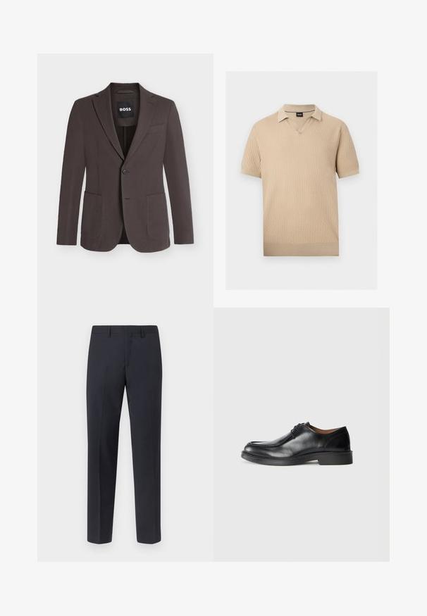 Blazer marron foncé à simple boutonnage avec revers crantés, deux poches plaquées devant, une poche poitrine et fermeture à boutons, étiquette BOSS à l'intérieur du col.; Polo en maille beige à manches courtes avec motif texturé, col en V et poignets et ourlet côtelés.; Pantalon noir sur mesure en tissu lisse. Coupe droite avec plis, passants pour ceinture, et sans poches visibles. Finition soignée.; Chaussure de ville en cuir noir avec un bout arrondi, surface lisse, détails en dentelle et une semelle en caoutchouc texturée basse. Lignes épurées et design minimal.