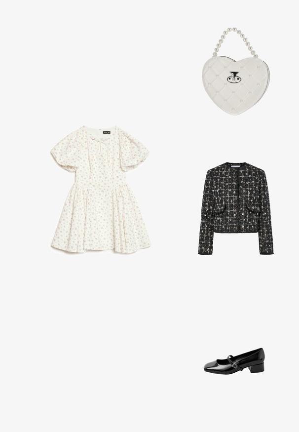 Schwarze und silberne Tweedjacke, taillierte Form, runder Ausschnitt, mit vier runden Knöpfen, zwei vorderen Taschen und einer strukturierten Oberfläche.; Weißes kurzärmeliges Kleid mit Puffärmeln und kleinem rosa Blumenmuster, mit geraffter Taille und rundem Ausschnitt mit kleinem Schleifchen.; Schwarzer Lackleder-Mary-Jane-Schuh mit runder Zehenpartie, niedrigem Blockabsatz und einem dünnen verstellbaren Riemen mit einer silbernen Schnalle.; Weiße gestepptes herzförmige Handtasche mit Perlenhenkel und silbernem Verschluss, der zwei augenförmige Details zeigt.