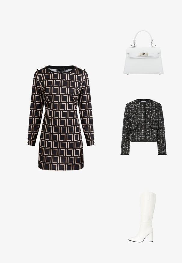 Schwarze und silberne Tweedjacke, taillierte Form, runder Ausschnitt, mit vier runden Knöpfen, zwei vorderen Taschen und einer strukturierten Oberfläche.; Langärmliges schwarzes Kleid mit beigem geometrischem Quadratmuster und dekorativen Knöpfen an Schultern und Manschetten, figurbetont.; Salinyang Stiefel - weiss; Weiße Lederhandtasche mit strukturiertem Design, Obergriff und silberner Hardware, ausgestattet mit einem Schnallenverschluss und dezenten Nähten.