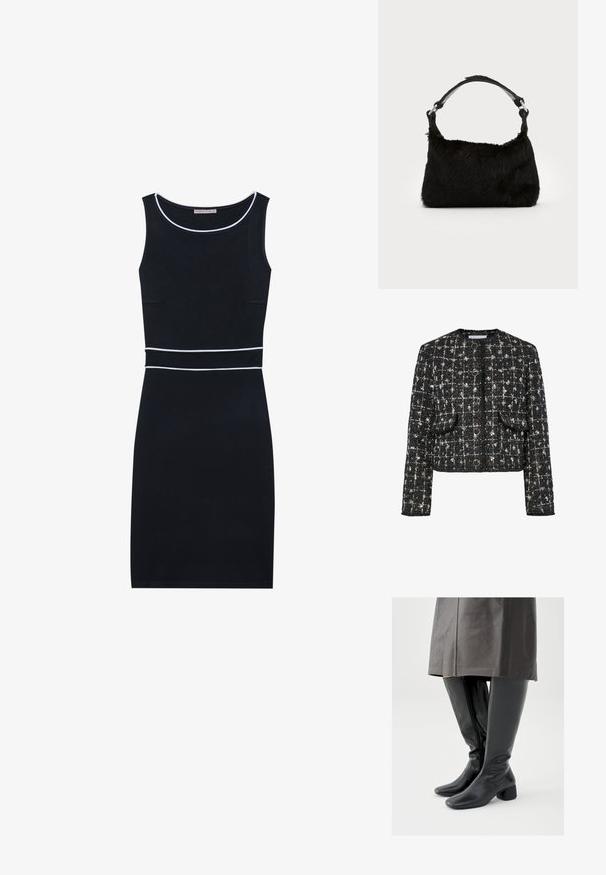Schwarze und silberne Tweedjacke, taillierte Form, runder Ausschnitt, mit vier runden Knöpfen, zwei vorderen Taschen und einer strukturierten Oberfläche.; Schwarzes ärmelloses Kleid mit rundem Ausschnitt, das über weiße Akzentpaspeln an der Taille und am Ausschnitt verfügt. Glatte Textur, taillierte Passform.; Kniehohe schwarze Lederstiefel mit quadratischer Zehenpartie, schrägem Blockabsatz und seitlichem Reißverschluss; glatte Textur und körperbetontes Design.; Schwarze Kunstfell-Handtasche mit weicher Textur, runder Form und einem stabilen schwarzen Leder-Schulterriemen. Sichtbare silberne Hardware-Akzente.