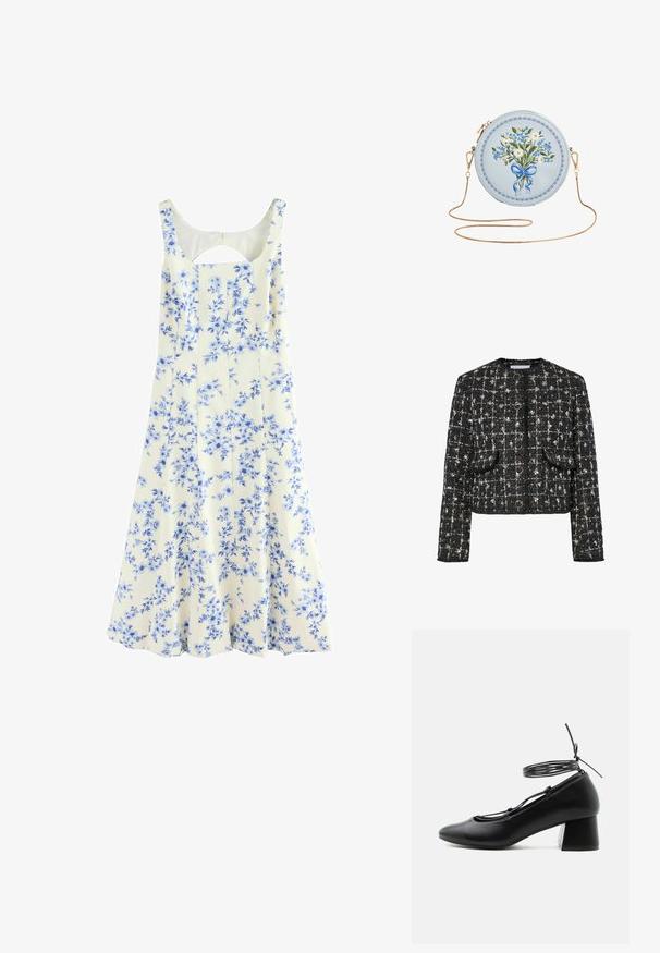 Schwarze und silberne Tweedjacke, taillierte Form, runder Ausschnitt, mit vier runden Knöpfen, zwei vorderen Taschen und einer strukturierten Oberfläche.; Floral Kleid in Creme mit blauen Blumen. Verfügt über einen runden Ausschnitt und einen Ausschnitt im Rücken. Hergestellt aus leichtem Stoff mit einem fließenden Schnitt.; Schwarzer Lederschuh mit mittlerem Absatz, spitzer Schuhspitze, gekreuzten Riemen und Wickelverschluss um den Knöchel auf weißem Hintergrund.; Runde hellblaue Tasche mit blauen und weißen Blumen, gebunden mit einem blauen Band, Goldkettengurt und Details mit gezacktem Rand.