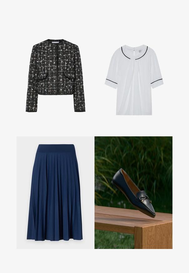 Sort og sølv tweedjakke, cropped design, rund halsudskæring, med fire cirkulære knapper, to forlommer og en tekstureret overflade.; Hvid kortærmet bluse med rund halsudskæring, der har sort kant langs kraven og ærmerne, samt en nøglehulslukning i ryggen.; Mørkeblå plisseret nederdel med en bred talje, lavet af blødt stof. Har lodrette folder for tekstur og let bevægelse.; Sort læderloafer med detaljeret sløjfe, der svæver over en træbænk med grøn græs og planter i baggrunden.