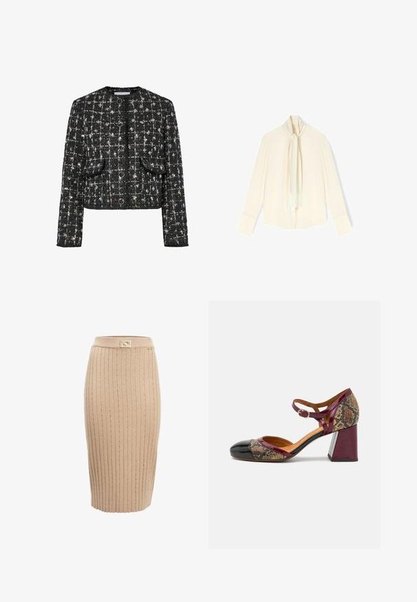 Zwart en zilver tweed jacket, kort ontwerp, ronde halslijn, voorzien van vier ronde knopen, twee opgestikte zakken aan de voorkant en een gestructureerd oppervlak.; Crèmekleurige blouse met lange mouwen, brede manchetten en vastgemaakte sjaal met franjes die aan de voorkant hangen.; INFLUENCER Kokerrok - beige; Hakken schoenen met een zwarte lakleren neus, bordeauxrode band en een slangenpatroon textiel bovenkant; voorzien van een chunky blokhak.