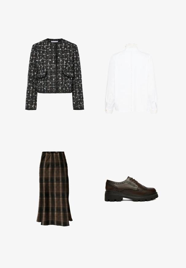 Zwart en zilver tweed jacket, kort ontwerp, ronde halslijn, voorzien van vier ronde knopen, twee opgestikte zakken aan de voorkant en een gestructureerd oppervlak.; Witte blouse met lange mouwen, voorzien van een kanten hoge kraag en manchetten, met een verticale kanten bies langs de achterkant in het midden.; Bruin en zwart geruite midirok met een rechte silhouet en subtiele uitlopende zoom op een witte achtergrond.; Donkerbruine leren brogue schoen met geperforeerde details en dikke zwarte profielzool, zijkant gezien op een witte achtergrond.