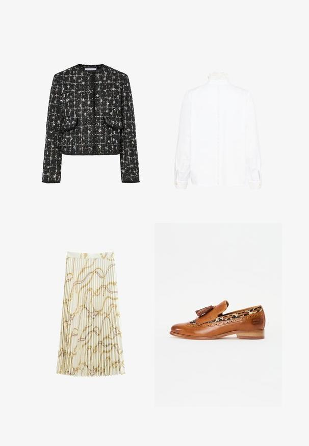 Chaqueta de tweed negra y plateada, de diseño corto, con cuello redondo, que presenta cuatro botones circulares, dos bolsillos frontales y una superficie texturizada.; Blusa blanca de manga larga con cuello y puños de encaje, que presenta un ribete de encaje vertical en el centro de la espalda.; Falda midi plisada color marfil con un estampado de cadenas en tonos dorados y marrones, que cuenta con una cintura ajustada y una silueta fluida.; Mocasín de cuero marrón con borlas decorativas y detalles de brogue. Cuenta con un forro de estampado de leopardo y un bajo tacón de madera.