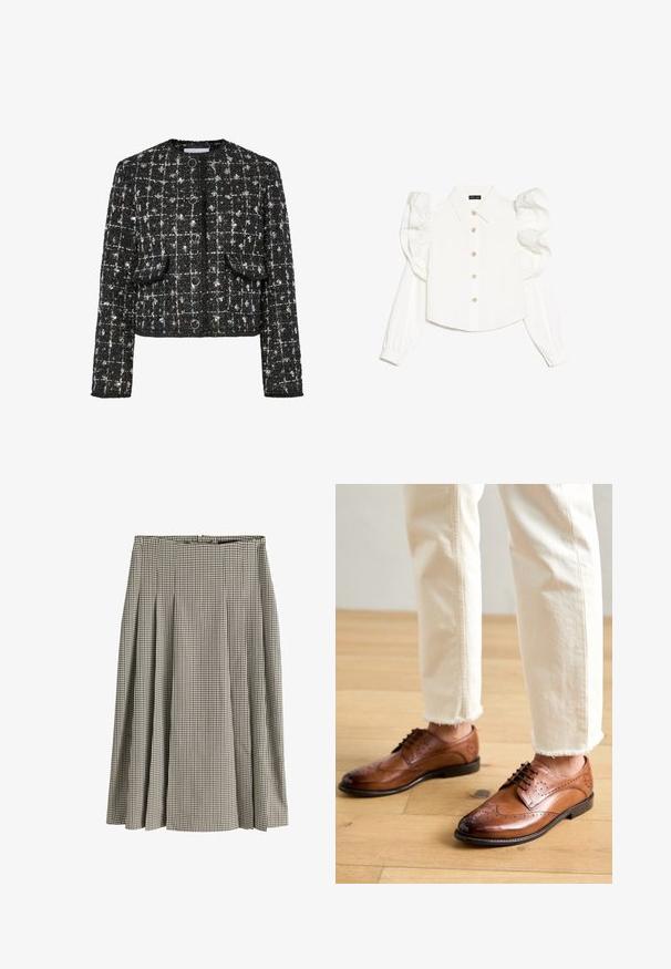 Sort og sølv tweedjakke, cropped design, rund halsudskæring, med fire cirkulære knapper, to forlommer og en tekstureret overflade.; Hvid langærmet bluse med puffede ærmer, klassisk krave, knaplukning foran og diskrete blomsterknapdetaljer. Glat stoftekstur.; Midlang plisseret nederdel med sort og hvid hundetandsmønster, høj talje og struktureret stof.; Brune læder brogue sko med perforerede detaljer, rund tå og en glat overflade, parret med cremede bukser med frynset kant.