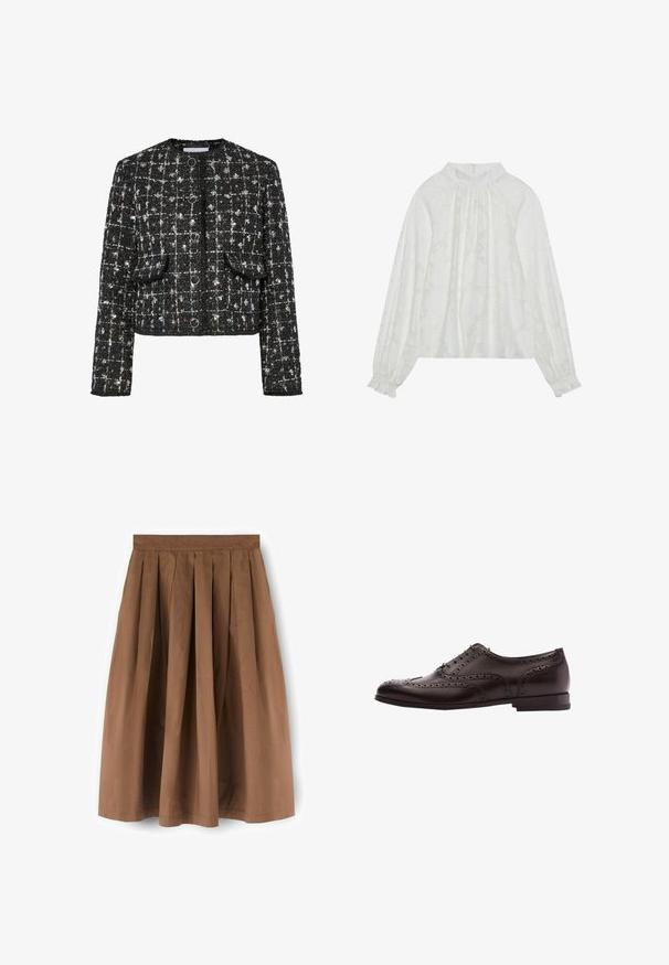 Chaqueta de tweed negra y plateada, de diseño corto, con cuello redondo, que presenta cuatro botones circulares, dos bolsillos frontales y una superficie texturizada.; Blusa blanca de manga larga, con un patrón floral texturizado, escote fruncido y puños elásticos. Tejido suave y ligero.; Falda marrón plisada hasta la rodilla con una cintura ajustada, hecha de tela ligera, mostrada sobre un fondo blanco.; Zapato de vestir de cuero marrón con detalles de brogue, cierre con cordones, puntera redondeada y un tacón bajo apilado. Acabado pulido y perforaciones intrincadas.
