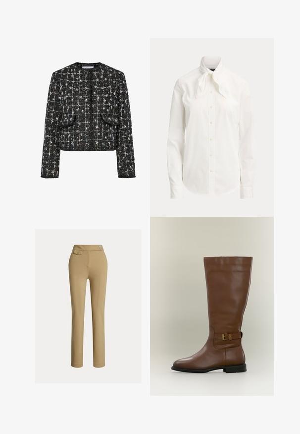 Zwart en zilver tweed jacket, kort ontwerp, ronde halslijn, voorzien van vier ronde knopen, twee opgestikte zakken aan de voorkant en een gestructureerd oppervlak.; Witte blouse met lange mouwen, knopen aan de voorkant en een geknoopt strikje aan de kraag op een effen achtergrond.; Beige op maat gemaakte broek met een zachte textuur, hoge taille, twee decoratieve knopen en een enkele achterzak. Recht gesneden ontwerp.; Hoge bruine leren laars met een zijgespsluiting en een lage zwarte zool, gefotografeerd tegen een neutrale achtergrond.