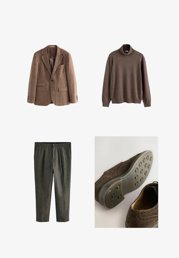Blazer en tweed brun avec revers crantés, deux poches avant, fermeture à un bouton et tissu texturé. Doublure brune lisse visible.; Pull à col roulé marron en tissu doux. Il présente des manches longues et une coupe décontractée, avec des détails côtelés au col et à l'ourlet.; Pantalons gris texturé avec une coupe ajustée, plis à l'avant, poches latérales et fermeture à bouton à la taille.; Chaussure oxford en suede marron avec un bout arrondi, un design perforé et une semelle en caoutchouc avec des motifs de tread circulaires.