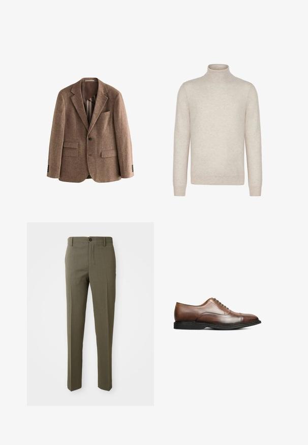 Blazer en tweed brun avec revers crantés, deux poches avant, fermeture à un bouton et tissu texturé. Doublure brune lisse visible.; Pull col roulé beige à manches longues avec poignets et ourlet côtelés, présenté sur fond blanc.; Pantalons ajustés vert olive avec une texture lisse, coupe droite, bouton avant unique et poches latérales pour la fonctionnalité.; Chaussure habillée en cuir marron avec un bout rond, texture lisse, design à lacets, et une semelle extérieure contrastante noire. Détails de couture simples visibles.