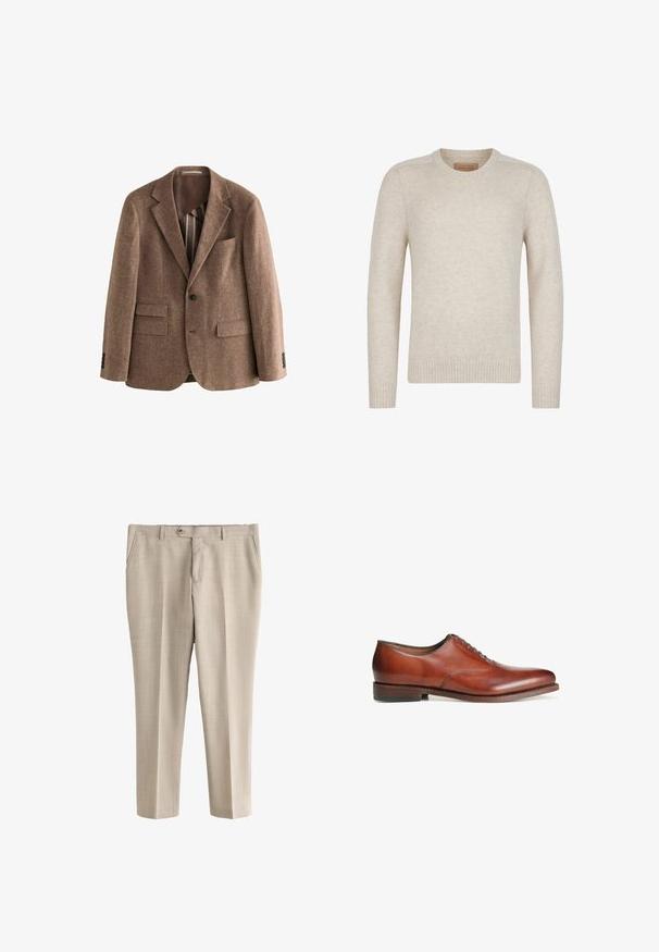Blazer en tweed brun avec revers crantés, deux poches avant, fermeture à un bouton et tissu texturé. Doublure brune lisse visible.; Pull beige à manches longues, col rond, en tissu tricoté doux avec poignets et ourlet côtelés.; Pantalon habillé beige pour homme avec passants de ceinture, fermeture par bouton, poches latérales et coupe droite.; Chaussure oxford en cuir marron avec un bout arrondi, des détails cousus et un petit talon en bois. Fermeture à lacets avec cinq œillets.