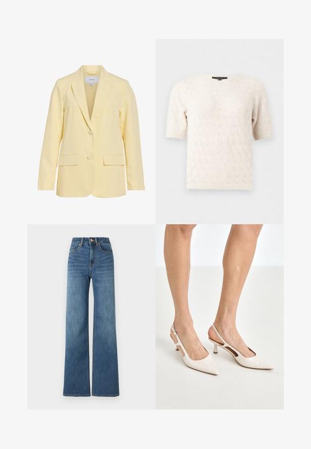 Blazer jaune clair ajusté avec deux boutons, revers crantés, manches longues et deux poches avant à rabat.; Pull en maille crème à manches courtes avec un motif œillet subtil, col rond et poignets et ourlet côtelés.; Jean taille haute bleu moyen avec jambes larges, fermeture avant par boutons et zip, style cinq poches.; Escarpins à talon slingback en cuir verni beige avec un bout pointu et un talon de 5 cm, présentant des côtés découpés et une fine bride à la cheville.