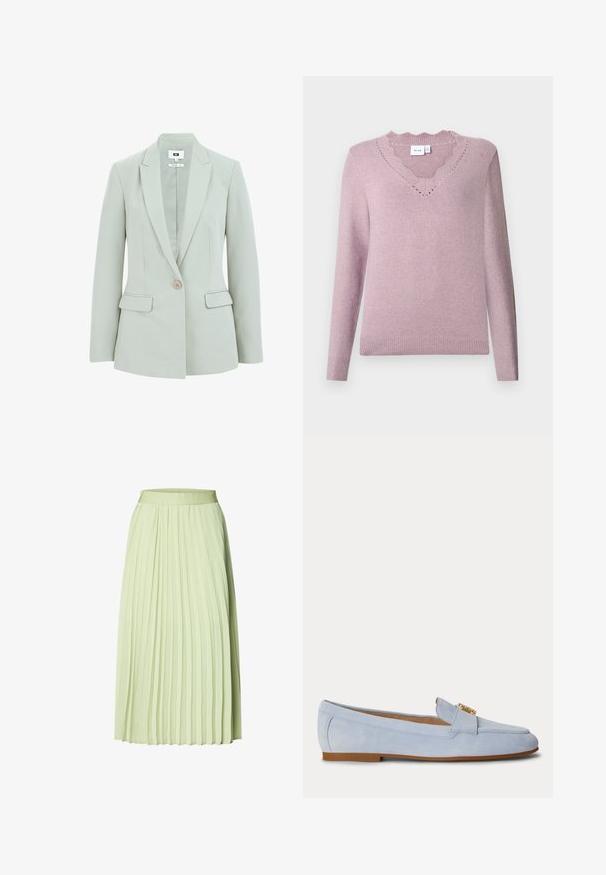 Hellgrüner Blazer mit taillierter Passform, Ein-Knopf-Verschluss, Reverskragen und zwei vorderen Taschen. Glatte Stoffstruktur.; Lavendelfarbiges, langärmeliges Strickpullover mit gewelltem V-Ausschnitt sowie gerippten Bündchen und Saum.; Hellgrüner plissierter Midirock mit schmalem Bund und gleichmäßig verteilten vertikalen Falten.; Hellblaue Wildleder-Slipper mit leichtem Absatz und goldenem Schnallendetail oben, von der Seite auf weißem Hintergrund gezeigt.