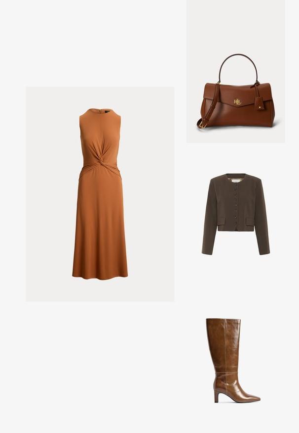 Brauner, taillierter Blazer mit rundem Ausschnitt, sechs Knöpfen und zwei Fronttaschen. Aus strukturiertem Stoff mit glattem Futter gefertigt.; Ärmelloses, rost-orange Midi-Kleid mit hohem Kragen und vorderem Knotendetail, mit Reißverschluss auf der Rückseite.; Braune Leder-Stiefel bis zum Knie mit spitzem Zeh, strukturiertem Finish und moderatem Blockabsatz. Nahtdetails am Schaft für zusätzliches Design.; Braune Lederhandtasche mit goldenem RLL-Logo, oberem Griff, abnehmbarem Schulterriemen und kleinem Lederanhänger.