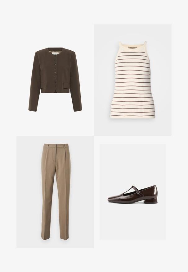 Brauner, taillierter Blazer mit rundem Ausschnitt, sechs Knöpfen und zwei Fronttaschen. Aus strukturiertem Stoff mit glattem Futter gefertigt.; Rippiges Tanktop in Creme mit horizontalen braunen Streifen. Verfügt über breite Träger und eine figurnahe Silhouette. Etikett am Hals sichtbar.; Braune maßgeschneiderte Hose aus glattem Stoff, mit geradem Bein, Bundfalten und einem Bund mit Gürtelschlaufen.; Braune Mary-Jane-Schuhe aus Lackleder mit abgerundetem Zehenbereich, Cut-out-Design und verstellbarem Riemen. Niedriger Blockabsatz.