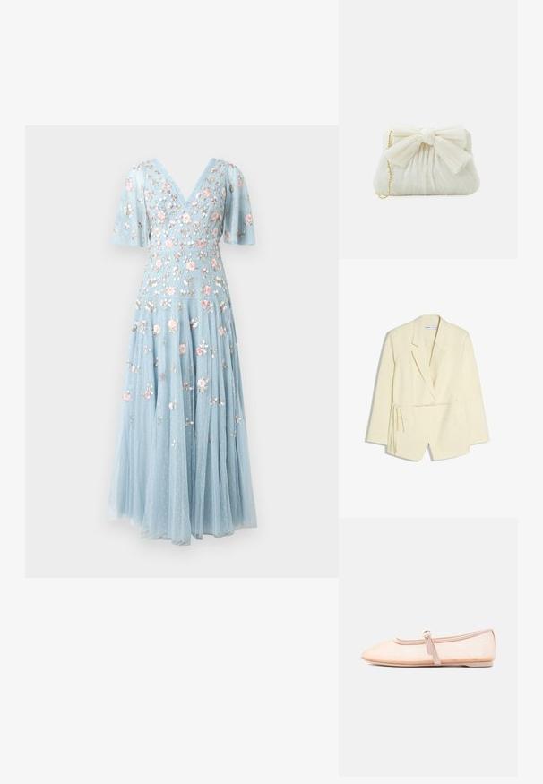 Blazer crème à manches longues avec col à revers, poches avant et détail de lien latéral, présenté sur fond blanc.; Robe bleu clair avec broderie florale rose, col en V, manches courtes volantées, taille cintrée et jupe plissée fluide.; Chaussure plate beige clair avec un bout pointu et une bride latérale avec boucle, présentée sur un fond blanc uni.; Sac à main plissé blanc avec un nœud proéminent et une chaîne dorée. Texture douce avec un design froncé à l'avant.