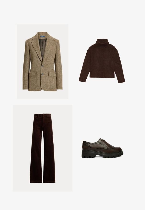Blazer marrón de lana con espiga, cuello con solapa, dos botones delanteros, bolsillos con solapa y forro de satén oscuro.; Jersey marrón con cuello alto de canalé, de mangas largas y silueta cortada, que presenta un diseño de punto grueso y texturizado.; Pantalones de pana de pierna ancha de color marrón oscuro con trabillas para cinturón y cierre frontal con botón sobre un fondo liso.; Zapato brogue de cuero marrón oscuro con detalles perforados y suela gruesa negra con dibujo, visto de lado sobre fondo blanco.