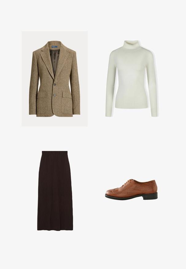 Bruine wollen blazer met visgraatmotief, reverskraag, twee voorste knopen, klepzakken en een donkere satijnen voering.; Lichtkleurige coltrui van zacht, ribbelstof; aansluitend ontwerp met lange mouwen en een gestructureerde zoom. Geen patronen of accenten.; Bruine geribde rok met een middellange snit en een elastische tailleband. De stof heeft een gestructureerd oppervlak met verticale strepen.; Bruine leren brogue schoen met geperforeerde details, ronde neus en een lage zwarte hak. Ontworpen met een klassieke vetersluiting.