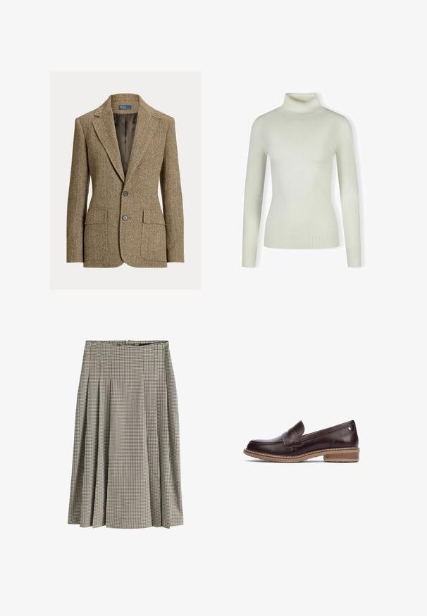Blazer marrón de lana con espiga, cuello con solapa, dos botones delanteros, bolsillos con solapa y forro de satén oscuro.; Suéter de cuello alto en color crema claro, confeccionado en un material suave y acanalado; diseño ajustado con mangas largas y dobladillo texturizado. Sin patrones ni adornos.; Falda plisada de longitud media con patrón de pata de gallo en blanco y negro, cintura alta y tejido estructurado.; Pikolinos ALDAYA - Zapatos sin cordones - dark brown