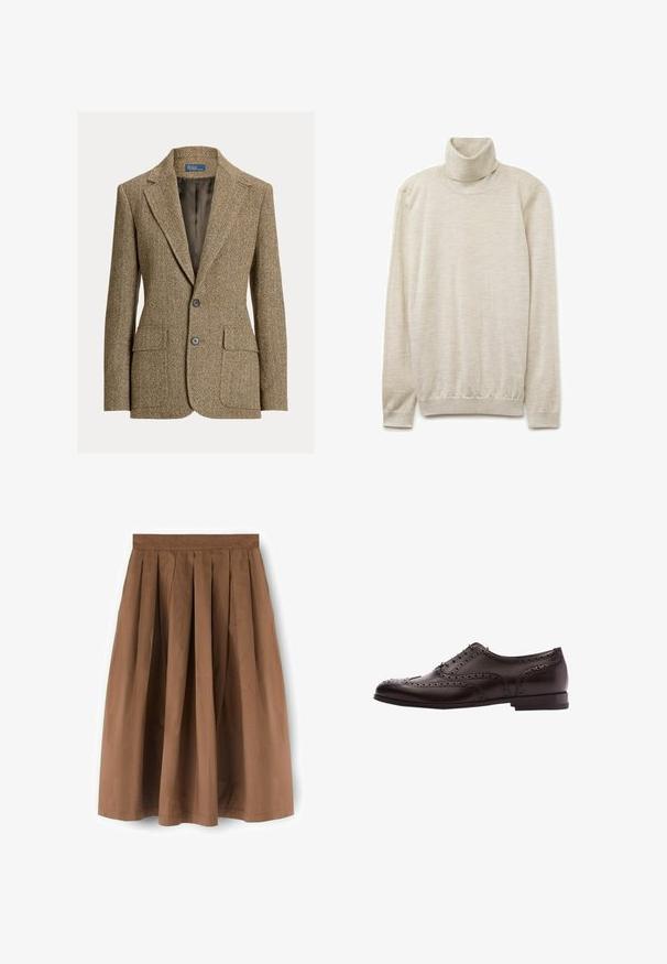 Brun uldblazer med fiskebenmønster, krave med revers, to forreste knapper, klaplommer og mørk satinfor.; Beige turtleneck sweater i blødt stof, med høj krave, lange ærmer og ribbet kant. Glat tekstur med subtile variationer.; Brun plisseret knælængde nederdel med en tætsiddende talje, lavet af let stof, vist mod en hvid baggrund.; Brune læder dress sko med brogue-detaljer, snørebånds lukning, rund tå og en lav stablet hæl. Poleret finish og indviklede perforeringer.