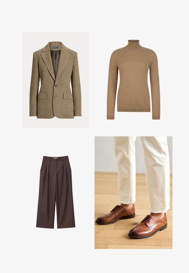 Brun uldblazer med fiskebenmønster, krave med revers, to forreste knapper, klaplommer og mørk satinfor.; Langærmet kamelbrun rullekravesweater med ribstrikkede manchetter og kant, vist på en ensfarvet hvid baggrund.; Brune højtaljede bukser med vide ben, forreste læg, bæltestropper og skjult frontlukning.; Brune læder brogue sko med perforerede detaljer, rund tå og en glat overflade, parret med cremede bukser med frynset kant.