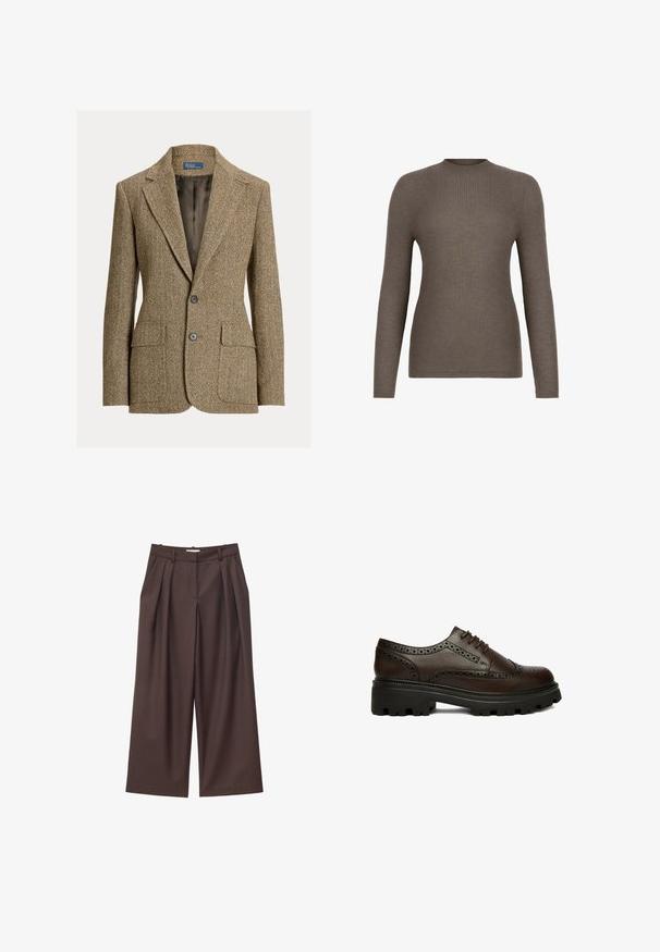 Bruine wollen blazer met visgraatmotief, reverskraag, twee voorste knopen, klepzakken en een donkere satijnen voering.; Bruine geribbelde trui met lange mouwen, ronde hals, aansluitende pasvorm en naadloze zoom tegen een witte achtergrond.; Bruine broek met hoge taille, wijde pijpen, voorplooien, riemlussen en een verborgen sluiting aan de voorkant.; Donkerbruine leren brogue schoen met geperforeerde details en dikke zwarte profielzool, zijkant gezien op een witte achtergrond.