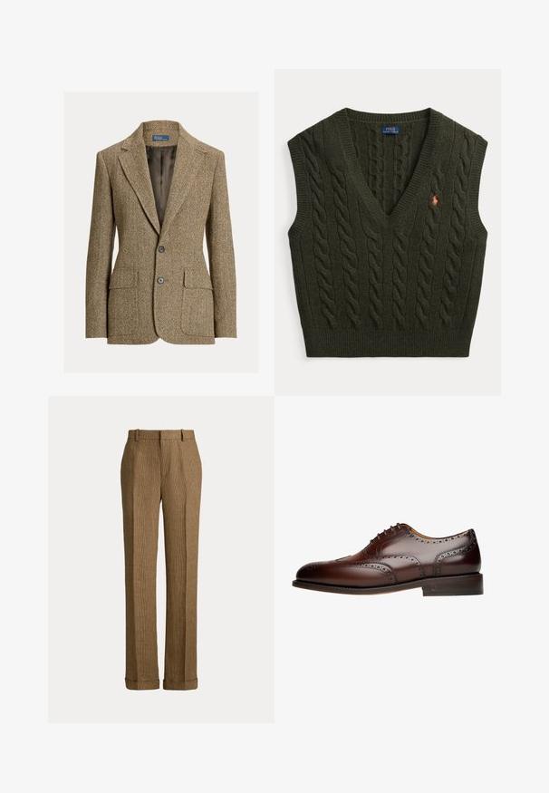 Bruine wollen blazer met visgraatmotief, reverskraag, twee voorste knopen, klepzakken en een donkere satijnen voering.; Donkergroene kabelgebreide mouwloze trui met V-hals en klein geborduurd logo op de linkerborst.; Bruine geruite rechte broek met ceintuurlussen en omgeslagen pijpen, getoond tegen een effen achtergrond.; Bruine leren dresschoen met brogue-details, een gladde afwerking, ronde neus, zes veterogen en een gestapelde hak. Subtiele perforaties langs de randen.
