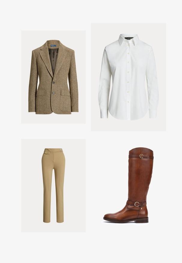 Blazer marrón de lana con espiga, cuello con solapa, dos botones delanteros, bolsillos con solapa y forro de satén oscuro.; Camisa blanca de manga larga con botones, con cuello clásico y botones delanteros visibles, mostrada sobre un fondo liso.; Pantalones beige ajustados con una textura suave, cintura alta, dos botones decorativos y un bolsillo trasero. Diseño de pierna recta.; Botas de cuero marrón hasta la rodilla con un acabado suave, puntera redondeada, una correa decorativa con una hebilla circular y un tacón bajo apilado.