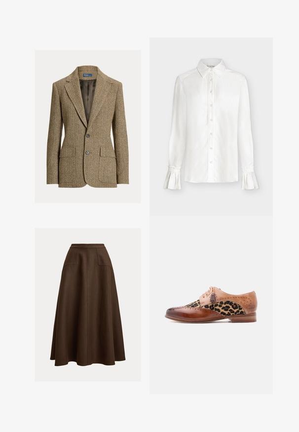 Bruine wollen blazer met visgraatmotief, reverskraag, twee voorste knopen, klepzakken en een donkere satijnen voering.; Witte blouse met lange mouwen, knoopsluiting aan de voorkant, puntige kraag, subtiele verticale strepen en wijde manchetten met rucherand.; Bruine linnen rok in A-lijn met een hoge taille, voorzien van twee voorzakken en een gladde textuur, vallend onder de knie.; Bruine leren nette schoen met een paneel van luipaardprintstof, sierlijke perforaties, sierstrikaccenten en een lage houten hak.