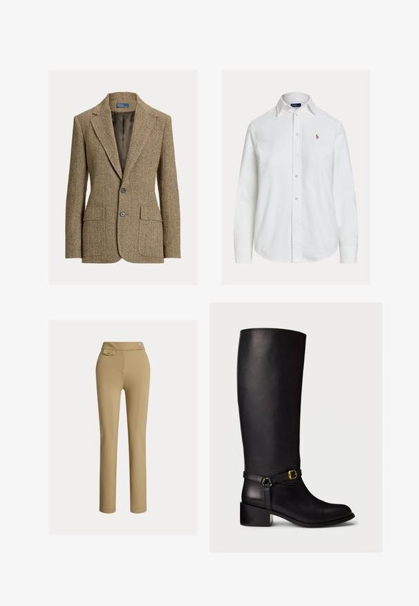 Bruine wollen blazer met visgraatmotief, reverskraag, twee voorste knopen, klepzakken en een donkere satijnen voering.; Wit overhemd met lange mouwen, knoopsluiting en kraag en een klein geborduurd logo op de linkerborst, weergegeven op een effen achtergrond.; Beige op maat gemaakte broek met een zachte textuur, hoge taille, twee decoratieve knopen en een enkele achterzak. Recht gesneden ontwerp.; Zwarte leren kuitlange laarzen met een lage blokhak en een decoratieve band met een kleine gouden gesp op de enkel.