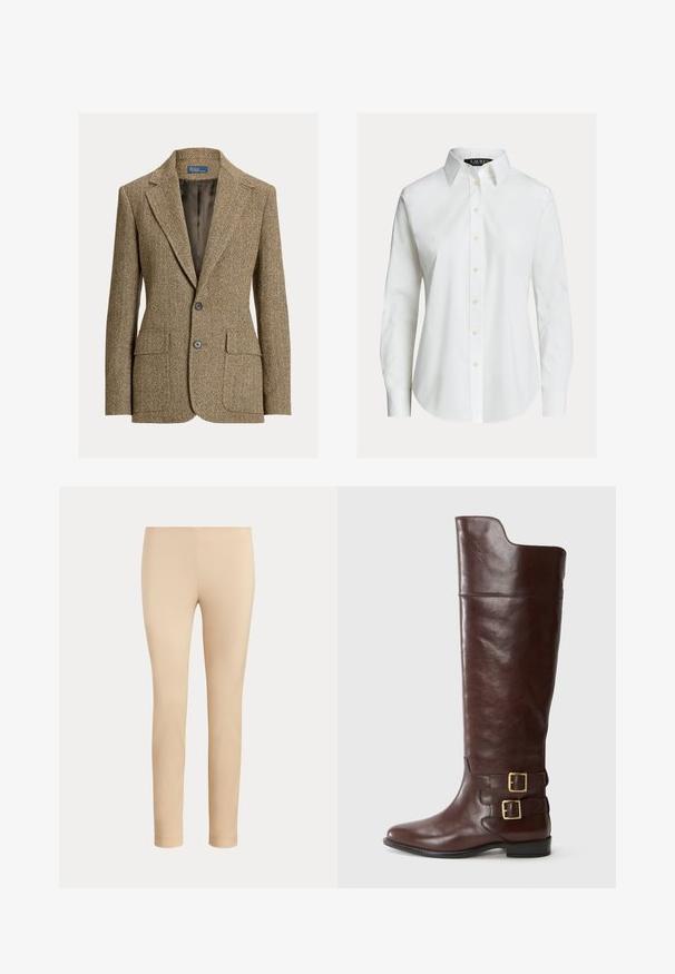 Bruine wollen blazer met visgraatmotief, reverskraag, twee voorste knopen, klepzakken en een donkere satijnen voering.; Witte overhemd met lange mouwen, knopen aan de voorkant, puntige kraag en licht gebogen zoom.; Beige slim-fit enkellange broek met een gladde afwerking en zonder zichtbare zakken of versieringen op een effen achtergrond.; Bruine leren kniehoge laars met een afgeronde neus, voorzien van twee goudkleurige gespen bij de enkel en een gladde, gepolijste textuur.