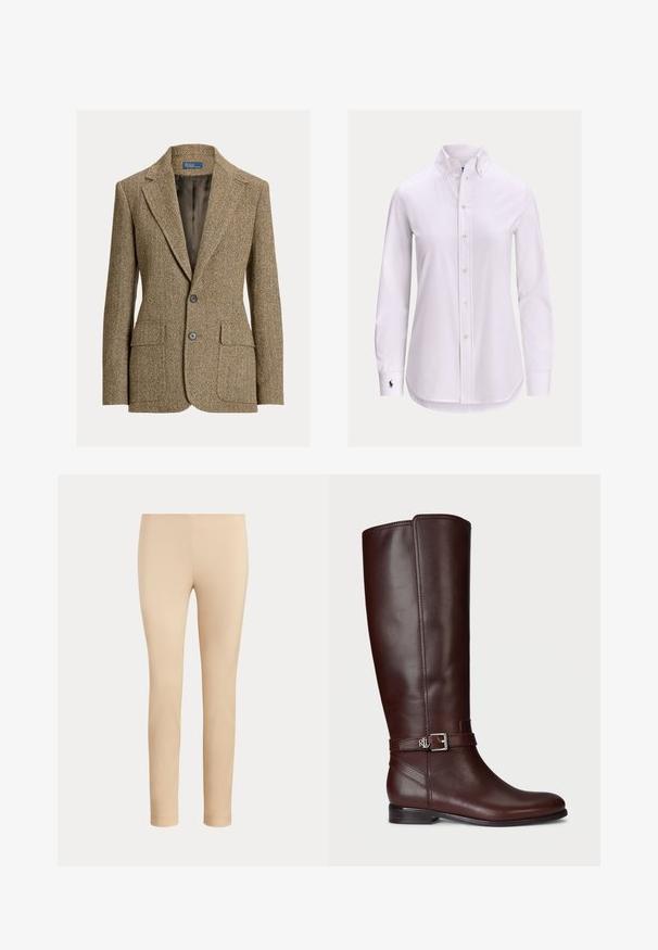 Blazer marrón de lana con espiga, cuello con solapa, dos botones delanteros, bolsillos con solapa y forro de satén oscuro.; Camisa blanca de manga larga con botones, cuello abotonado y un pequeño logotipo bordado en el puño izquierdo.; Pantalones beige ajustados hasta el tobillo con un acabado liso y sin bolsillos visibles ni adornos sobre un fondo liso.; Bota de cuero marrón hasta la rodilla con una textura suave, acento de hebilla en tono plateado y un tacón bajo apilado. Presenta un sutil detalle de costura.