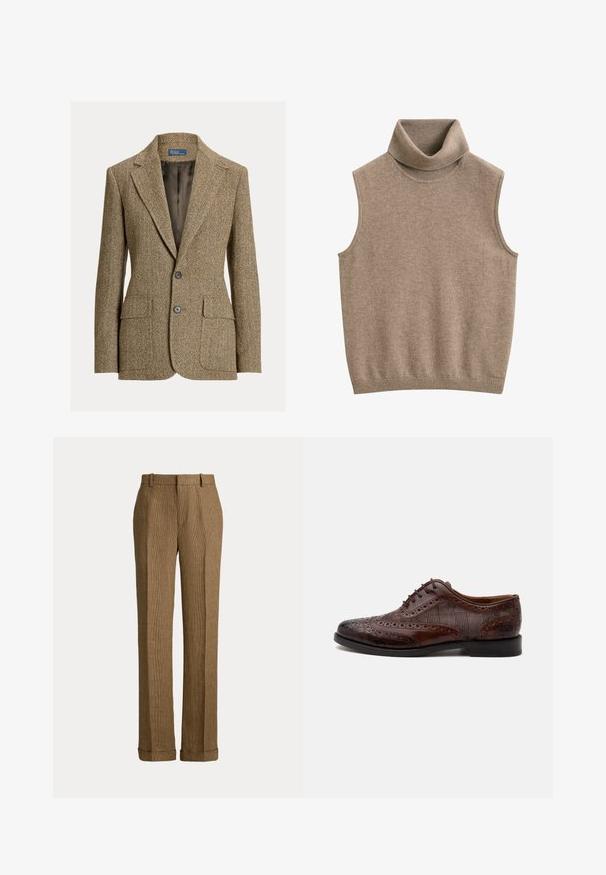 Blazer marrón de lana con espiga, cuello con solapa, dos botones delanteros, bolsillos con solapa y forro de satén oscuro.; Chaleco de punto beige sin mangas con cuello alto y ribete acanalado en cuello y dobladillo, hecho de tela suave.; Pantalones marrones de corte recto con estampado de cuadros, trabillas para cinturón y dobladillos con vuelta, mostrados sobre un fondo liso.; Zapato de vestir masculino wingtip de cuero marrón con detalles brogue y paneles laterales de tela a cuadros, mostrado de perfil sobre fondo blanco.