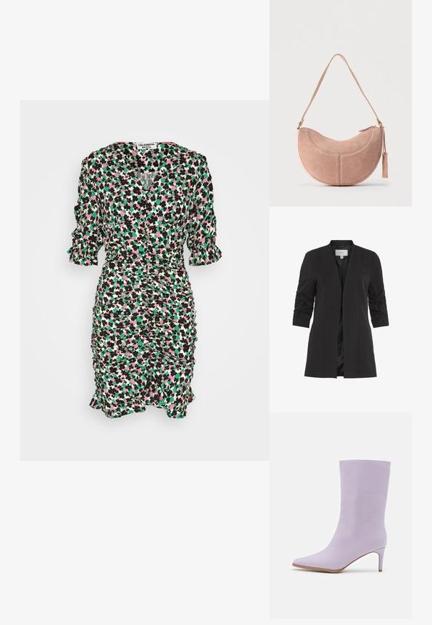 VILA VIHER - Blazer - black; Colourful Rebel PEYTON CUTE FLOWER SMOCK DRESS - Vestido informal - multicolor; Even&Odd Botas - purple; Bolso de mano de ante rosa con forma curva de media luna, una sola correa y cierre de cremallera. Presenta detalles de costuras y un adorno de borla.