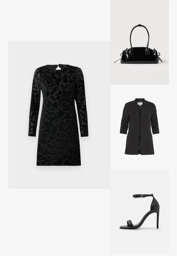 VILA VIHER - Blazer - black; Zwarte jurk met lange mouwen, voorzien van een bloemenpatroon in een fluwelen textuur. Ronde halslijn en knoopsluiting aan de achterkant.; Zwarte sandalen met hoge hakken, met een slank ontwerp, voorzien van een enkelbandje, open teen en een gladde leren textuur.; Kleine zwarte glanzende handtas met twee lange hengsels en zijkant trekkoord details op een effen lichte achtergrond.