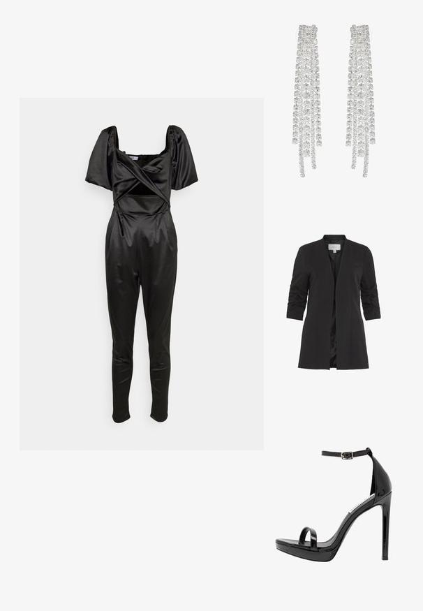 VILA VIHER - Blazer - black; WAL G. BENNY - Jumpsuit - black; Steve Madden MILANO - Sandalen met hoge hak - black; Lange zilveren oorbellen met een scala aan heldere, facetteerde kristallen in een waterval van strengen met variërende lengtes en vormen.