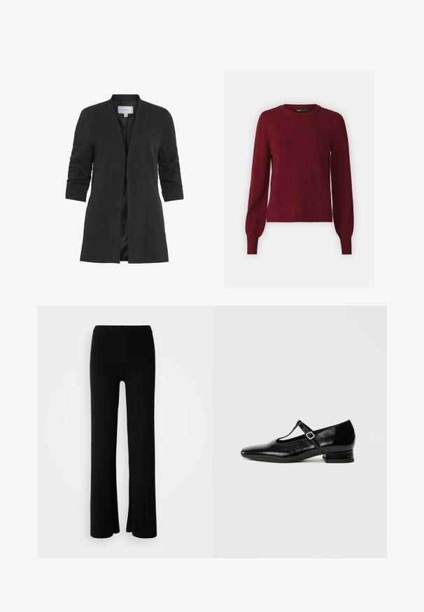 VILA VIHER - Blazer - black; Bordeaux sweater lavet af blødt strikket stof med rund halsudskæring, lange ærmer og ribbede kanter og manchetter. Enkel, klassisk design.; Sorte buks med vide ben lavet af blødt stof, der har lukning foran med knap og et glat, udekoreret design.; Sorte Mary Jane-sko i læder med spids tå, lille blokhæl og justerbar rem med sølvspænde. Glat, blank tekstur.