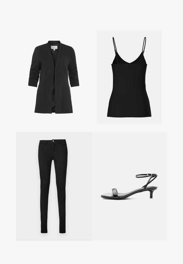 VILA VIHER - Blazer - black; Camiseta sin mangas negra con finas tirantes ajustables, diseño de escote en V, forma ajustada y textura sin costuras. Estilo simple y minimalista.; Vaqueros negros slim-fit con cierre frontal de botón y cremallera, trabillas para cinturón y bolsillos delanteros y traseros, mostrados sobre fondo blanco.; Sandalia de cuero negro con punta abierta, tacón bajo tipo ‘‘kitten’’, tirante fino en el tobillo con hebilla dorada y detalle decorativo dorado en la tira delantera.