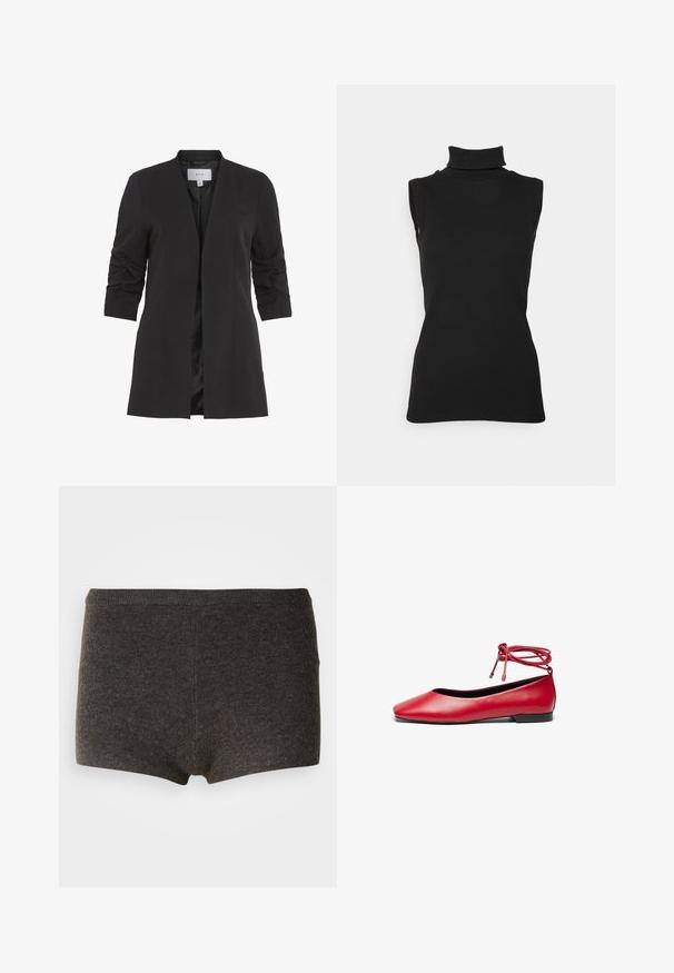 VILA VIHER - Blazer - black; Top negro sin mangas de cuello alto hecho de tela acanalada, con un cuello alto y una silueta ajustada. Textura suave con un diseño mínimo.; Bóxers de algodón gris oscuro con una textura suave, una cinturilla ancha y elástica, y un ajuste cómodo. Sin patrones ni detalles visibles.; Bailarina plana de cuero rojo con punta cuadrada y detalle de cintas que envuelven el tobillo. Textura suave y un pequeño tacón negro.