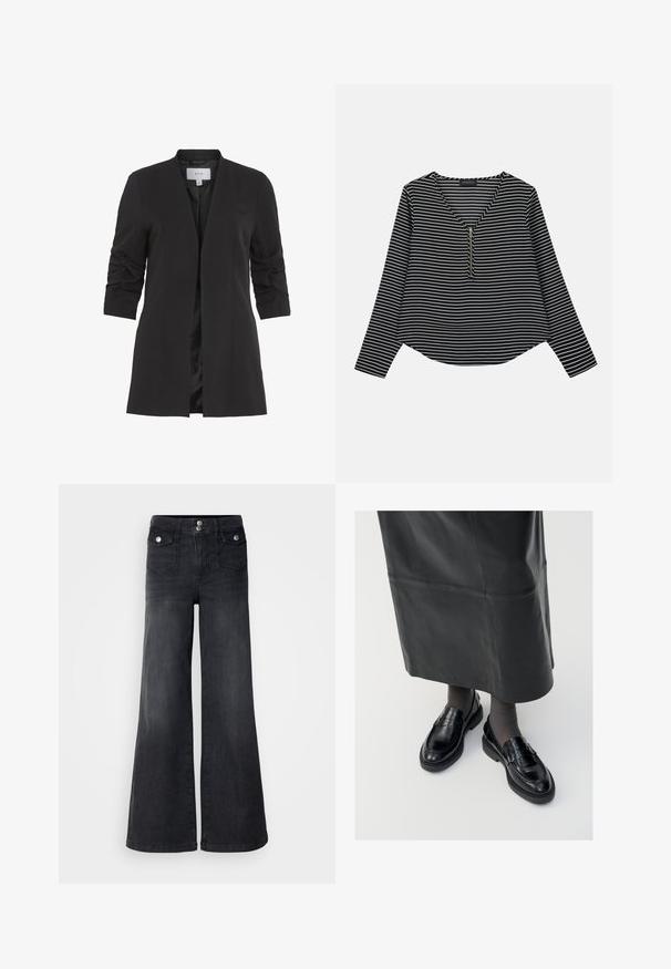 VILA VIHER - Blazer - black; Top de manga larga a rayas blanco y negro con escote en V y cremallera en el centro. La tela parece suave, con un ajuste relajado y ligeramente corto.; Pantalones vaqueros de mezclilla negra de pierna ancha con una cintura alta, botones en la parte frontal y dos bolsillos delanteros; textura suave con un ligero acabado desvanecido.; Mocasines de cuero negro con un acabado suave, que presentan una tira decorativa, puntera redonda y suela texturizada. Llevados con una falda larga de cuero negro.