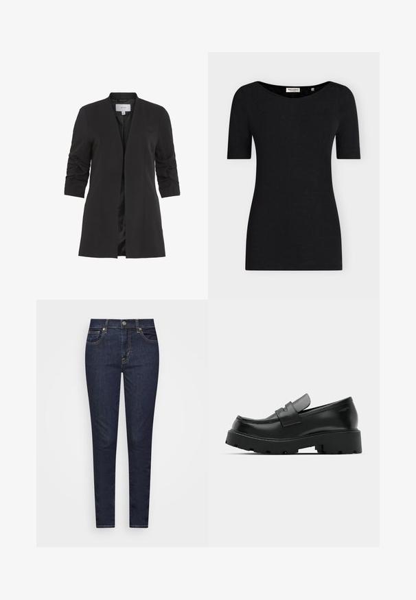 VILA VIHER - Blazer - black; Camiseta negra ajustada de manga corta con un escote redondo ancho, fabricada por Marc O'Polo, talla pequeña.; GAP SKINNY MID RISE ARLASS - Vaqueros pitillo - rinsed; Mocasines de cuero negro con suela gruesa y texturizada, que presentan una correa sobre el empeine y un acabado suave y pulido.