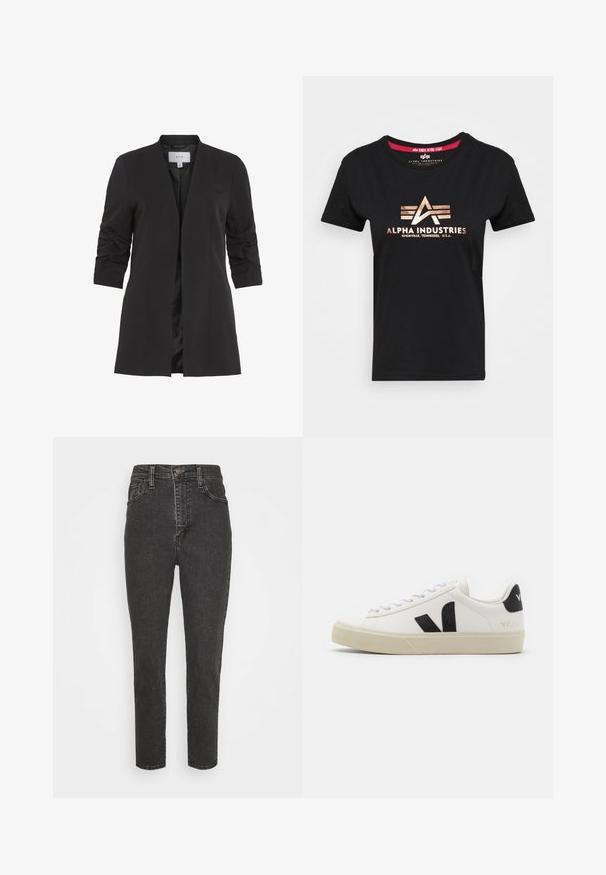 VILA VIHER - Blazer - black; Alpha Industries NEW FOIL - Camiseta estampada - black/gold; Vaqueros de mezclilla negros de talle alto con un ajuste slim, que cuentan con un cierre de botón, pasadores para cinturón y un clásico diseño de cinco bolsillos.; Zapatilla de cuero blanca con logo V de goma negra. Suela texturizada en blanco roto, cordones blancos y detalle en el talón trasero con el nombre de la marca en negro.