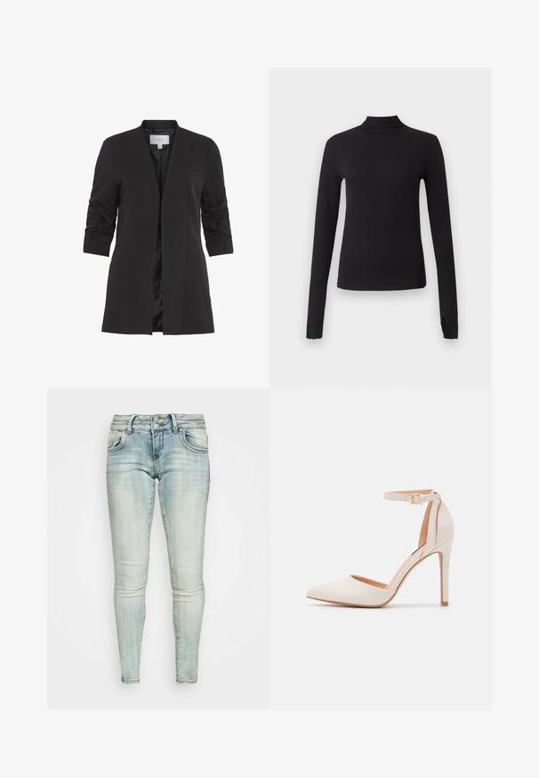 VILA VIHER - Blazer - black; Camiseta negra ajustada de manga larga con cuello alto, mostrada sobre un fondo gris claro liso.; LTB JULITA - Vaqueros pitillo - light blue; Zapato de tacón alto de piel sintética blanca con punta afilada, tira en el tobillo con hebilla dorada y textura suave.