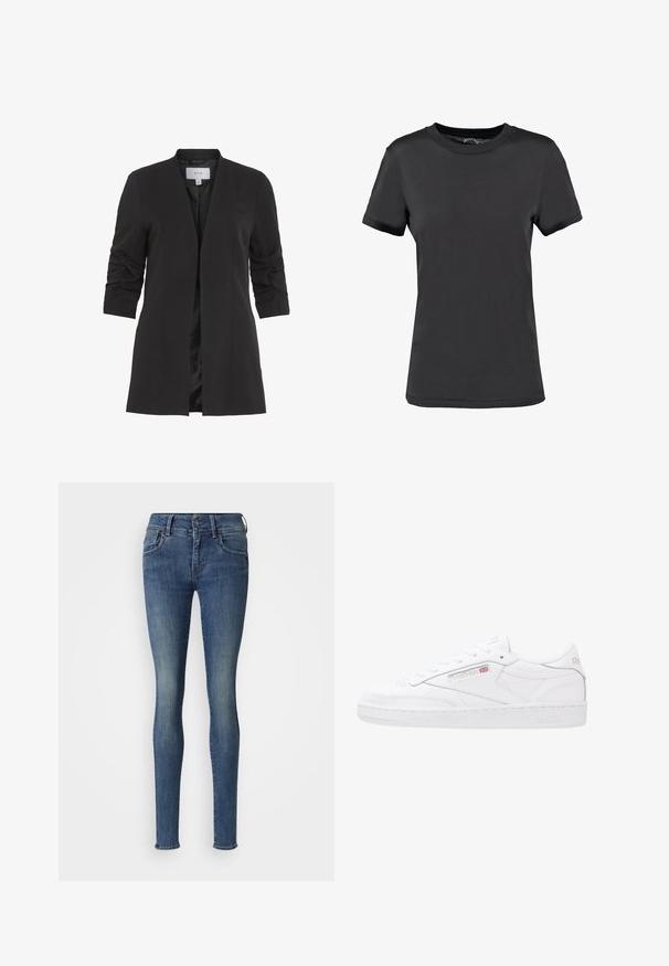 VILA VIHER - Blazer - black; Sort kortærmet t-shirt lavet af glat stof. Har en rund halsudskæring uden synlige mønstre eller detaljer, hvilket giver et enkelt design.; Slanke jeans lavet af blåt denim med subtil falming, traditionelt fem-lomme design, knaplukning og opbrettede ankler.; Hvide lædersneakers med lavt design, snørebåndslukning, struktureret sidepanel og præget Reebok-logo. Gummisål.